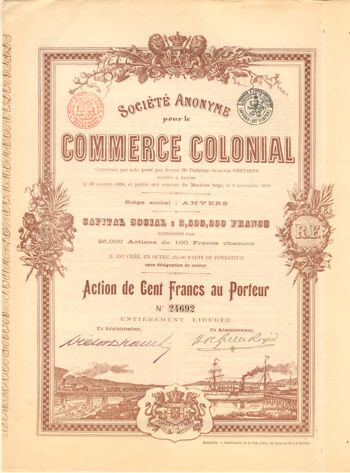 Societe Anonyme pour le Commerce Colonial - Stock Certificate